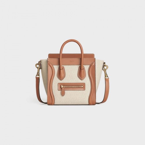 BOLSO DE EQUIPAJE CELINE NANO EN JACQUARD FLORAL Y PIEL DE BECERRO 189242 TAN&WHITE