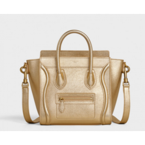 BOLSO DE EQUIPAJE CELINE NANO DE PIEL DE CORDERO LAMINADA 189243 ORO