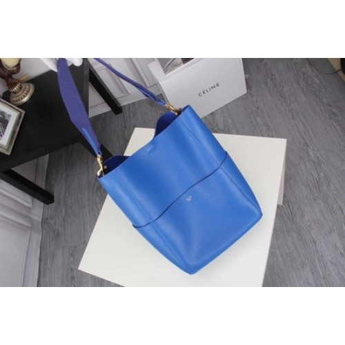 CELINE Bolso Sangle Seau en Piel Litchi C3371 Azul