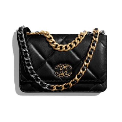 Chanel 19 Cartera clásica de piel de oveja con cadena AP0957 metal dorado negro