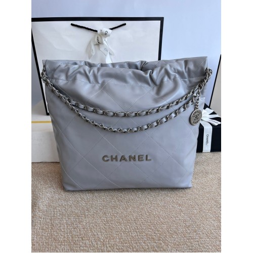 BOLSO DE MANO CHANEL 22 Piel de ternera metal plateado AS3261 gris
