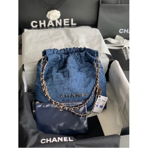 BOLSO DE MANO CHANEL 22 Denim AS3260 azul y dorado