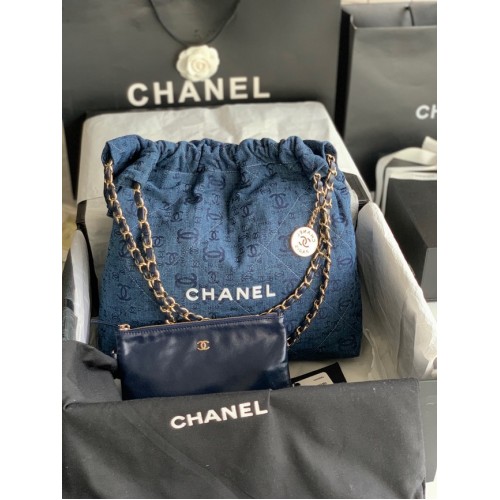 BOLSO DE MANO CHANEL 22 Denim AS3261 azul y blanco