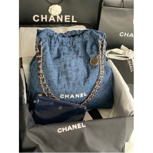 BOLSO DE MANO CHANEL 22 Denim AS3262 azul y blanco