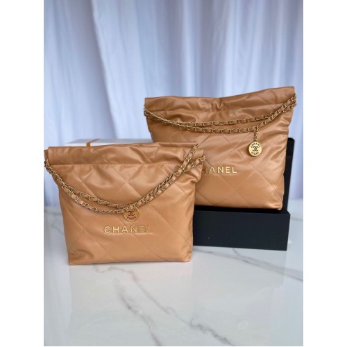 BOLSO DE MANO CHANEL 22 Piel de becerro brillante metal dorado AS3261 AS3260 Marrón