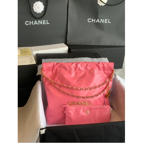 BOLSO DE MANO CHANEL 22 Piel de becerro brillante Metal dorado AS3261 Rosa