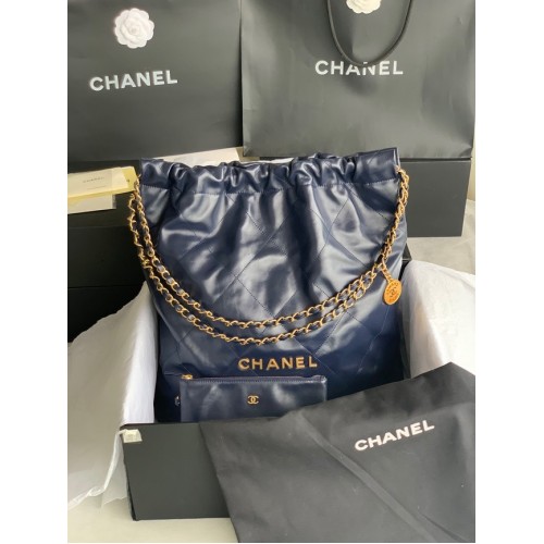 BOLSO DE MANO CHANEL 22 Piel de becerro brillante metal dorado AS3262 azul oscuro