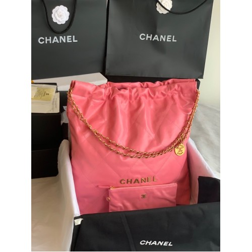 BOLSO DE MANO CHANEL 22 Piel de becerro brillante metal dorado AS3262 rosa