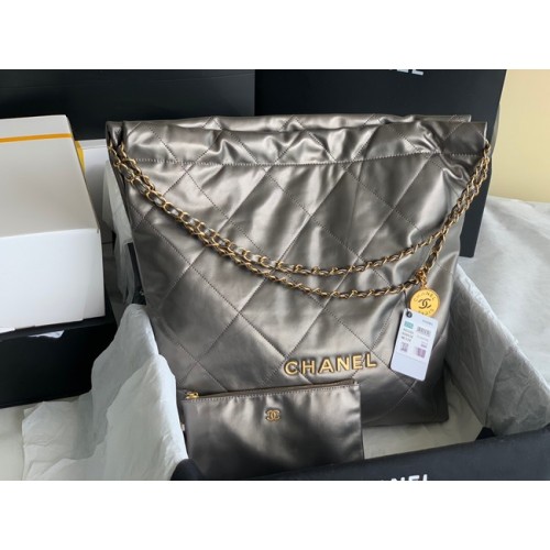 BOLSO DE MANO CHANEL 22 Piel de becerro brillante metal dorado AS3262 gris plateado
