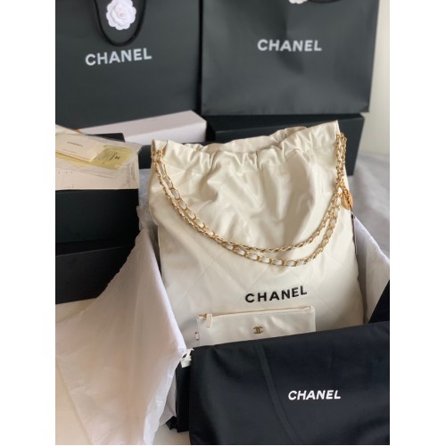 BOLSO DE MANO CHANEL 22 Piel de ternera brillante metal dorado AS3262 blanco y negro