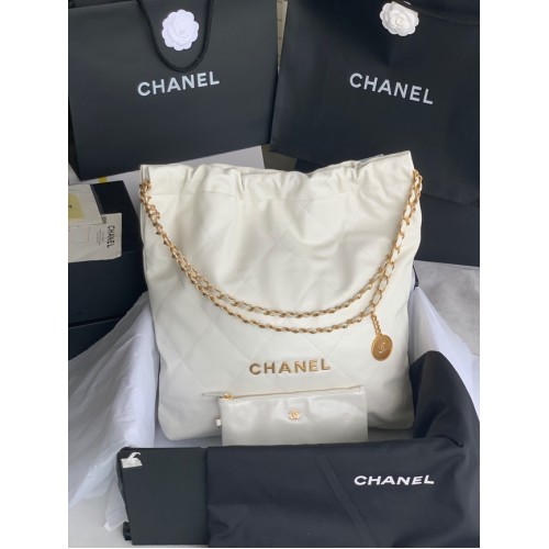 BOLSO DE MANO CHANEL 22 Piel de ternera brillante metal dorado AS3262 blanco y dorado