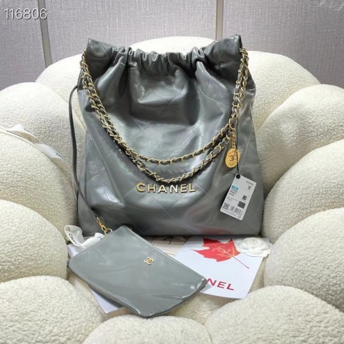 BOLSO DE MANO CHANEL 22 Piel de ternera brillante-metal dorado AS3262 gris