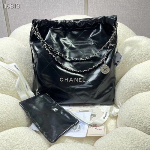 BOLSO DE MANO CHANEL 22 Piel de ternera brillante plateada-Metal AS3262 negro