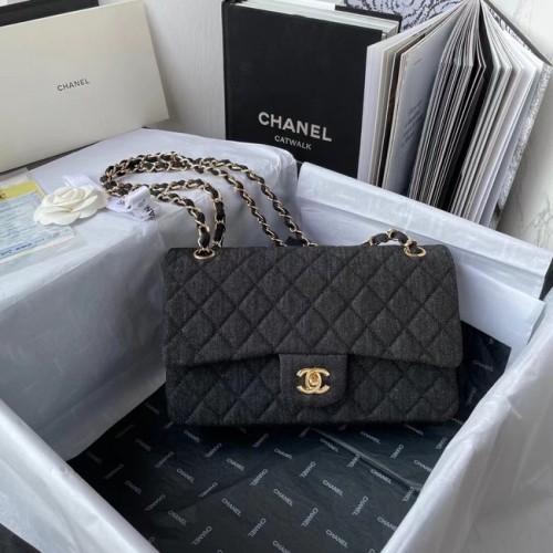 BOLSO DE MANO CLÁSICO DE CHANEL Denim estampado Metal dorado 1112 NEGRO
