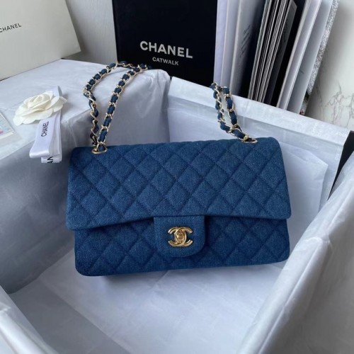 BOLSO DE MANO CLÁSICO DE CHANEL Denim estampado Metal dorado 1112 AZUL