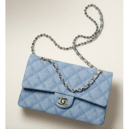 BOLSO DE MANO CLÁSICO DE CHANEL Denim estampado Metal dorado 1112 Azul claro