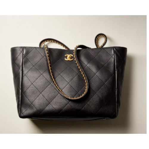 CHANEL Piel de becerro metal dorado AS3508 negro