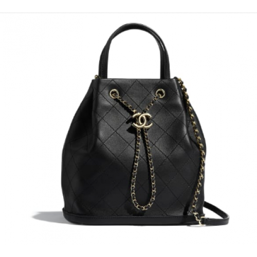 CHANEL Bolso con cordón de piel de becerro Metal dorado AS1099 negro