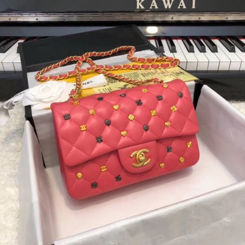 Bolso de mano clásico CHANEL Piel de cordero metal dorado acabado rutenio A01116 rojo