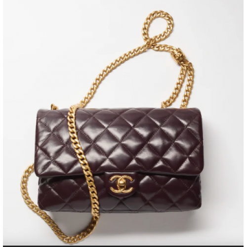 BOLSO CON SOLAPA CHANEL Piel de cordero Metal dorado AS3609 Marrón oscuro