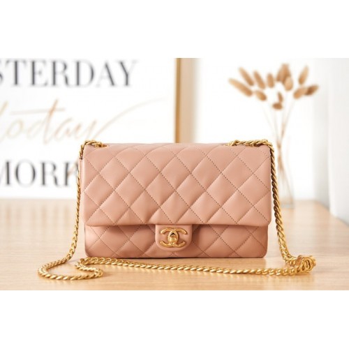 BOLSO SOLAPA CHANEL Piel de cordero metal dorado AS3609 rosa