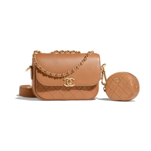 Bolso con solapa CHANEL Piel de cordero y metal dorado AS1094 Camel