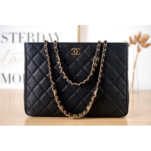 BOLSO SHOPPING CHANEL Piel de becerro granulada metal dorado AS3583 negro