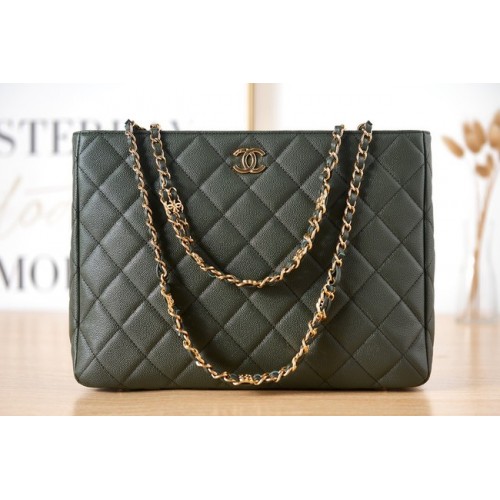 BOLSO SHOPPING CHANEL Piel de becerro granulada metal dorado AS3583 verde negruzco