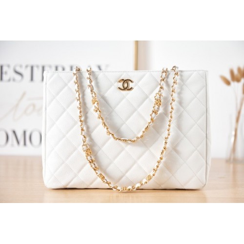 BOLSO SHOPPING CHANEL Piel de becerro granulada metal dorado AS3583 blanco
