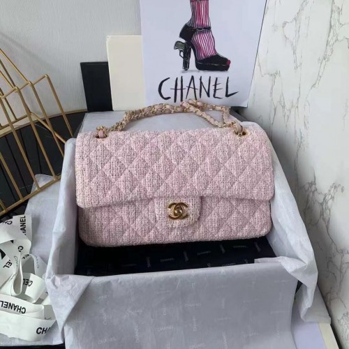 Bolso con solapa CHANEL MEDIUM Piel de becerro trenzada de tweed Metal dorado 1112 rosa