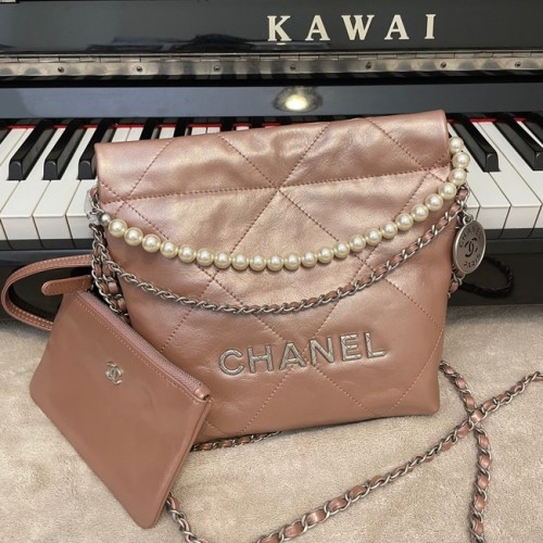 BOLSO DE MANO CHANEL MINI 22 Piel de becerro metalizada Metal plateado AS3989 ROSA