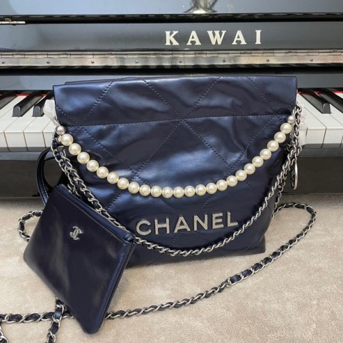 BOLSO DE MANO CHANEL MINI 22 Piel de ternera metalizada Metal plateado AS3989 Azul real