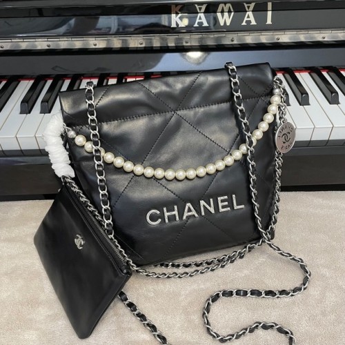 BOLSO DE MANO CHANEL MINI 22 Piel de becerro metalizada Metal plateado AS3989 negro
