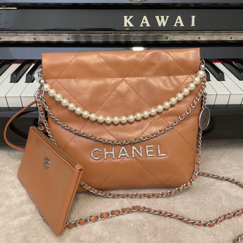 BOLSO DE MANO CHANEL MINI 22 Piel de becerro metalizada Metal plateado AS3989 marrón