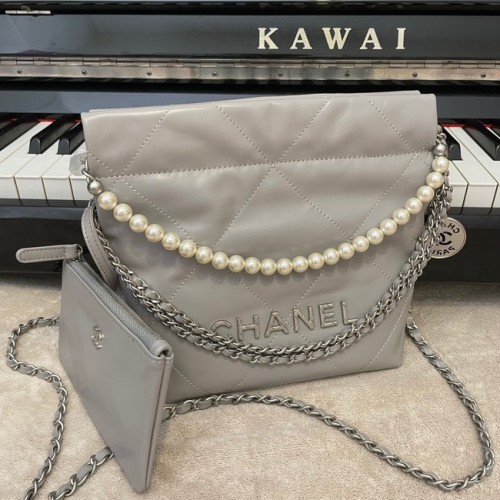 BOLSO DE MANO CHANEL MINI 22 Piel de becerro metalizada Metal plateado AS3989 gris