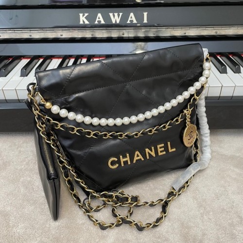 BOLSO DE MANO CHANEL MINI 22 Piel de ternera metalizada oro Metal AS3989 negro