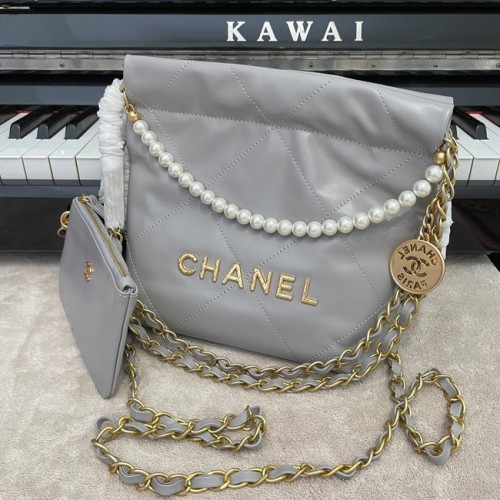 BOLSO DE MANO CHANEL MINI 22 Piel de ternera metalizada oro Metal AS3989 gris