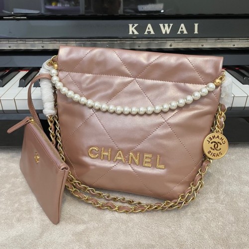BOLSO DE MANO CHANEL MINI 22 Piel de ternera metalizada oro Metal AS3989 rosa