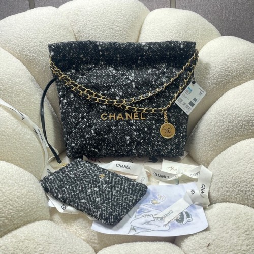 BOLSO DE MANO PEQUEÑO 22 CHANEL Tweed Metal dorado AS3260 NEGRO