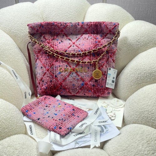 BOLSO DE MANO CHANEL 22 PEQUEÑO Tweed Metal dorado AS3260 ROSA