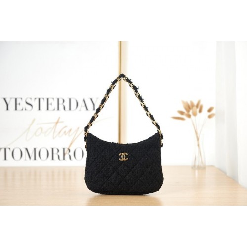 CHANEL PEQUEÑO Tweed Metal Dorado AS3562 NEGRO