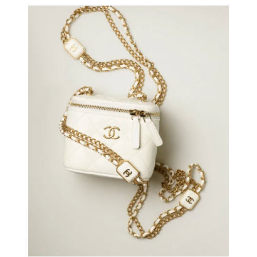 CHANEL TOCADOR PEQUEÑO CON CADENA Piel de cordero Metal dorado AP2931 Blanco