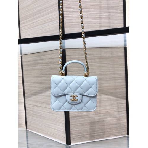 CHANEL Top Handle Micro Mini Wallet con cadena AP2200 Azul claro