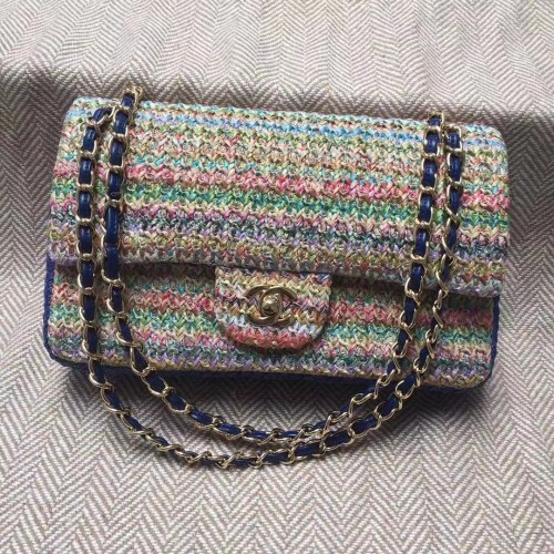 CHANEL Tweed trenzado Piel de becerro Metal dorado 1112 Multicolor y azul