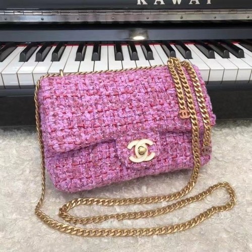 CHANEL Tweed piel de becerro trenzada metal dorado AS3114 ciruela