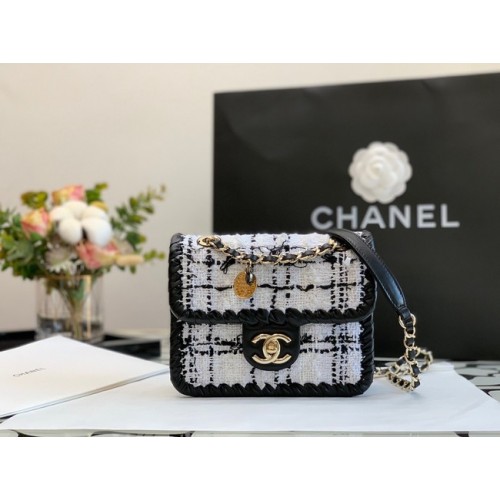 CHANEL Tweed de piel de becerro trenzada metal dorado AS6075 negro