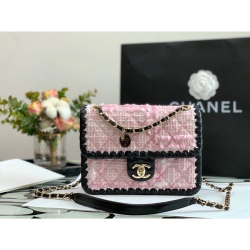 CHANEL Tweed de piel de becerro trenzada metal dorado AS6075 rosa