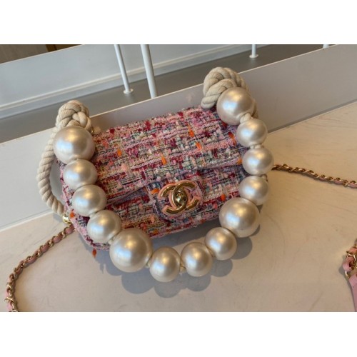 CHANEL Tweed trenzado de piel de oveja metal dorado AS0593 rosa