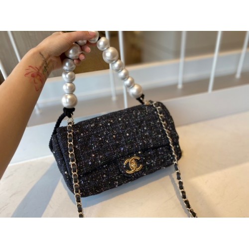 CHANEL Tweed trenzado de piel de oveja metal dorado AS0594 negro