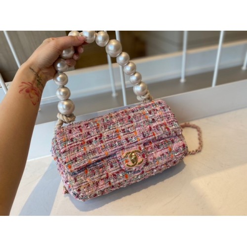 CHANEL Tweed trenzado de piel de oveja metal dorado AS0594 rosa